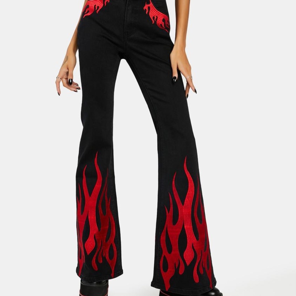 Dolls Kill Black and Red Flame Boot Cut Jeans - Picture 8 of 9